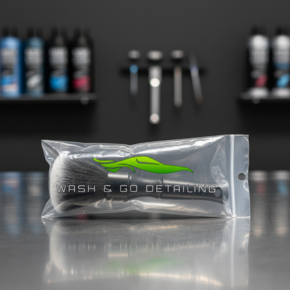 Ultra-soft interior brush in clear plastic ziplock bag with logo